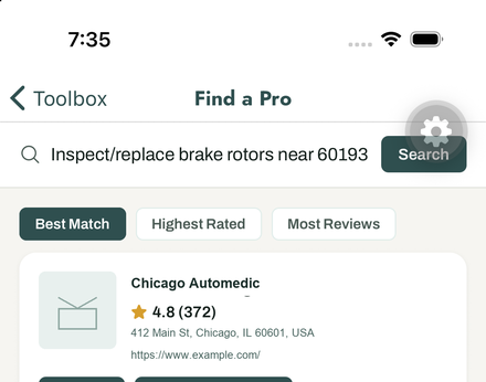 Maintd Find a Pro screen listing local service providers with ratings