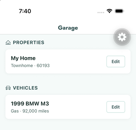 Maintd home maintenance task list, showing property and vehicle overview